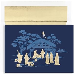Gold Nativity On Blue Religious Christmas Cards -
