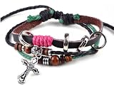 Unisex Vintage Beaded Cross PU Leather Charm Bracelet