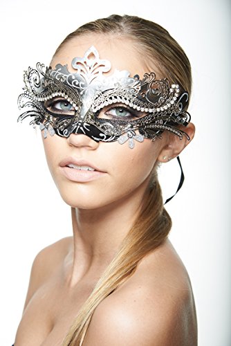 Venetian Black Mask w/ Silver Metal Laser-cut and Crystals on Eyes