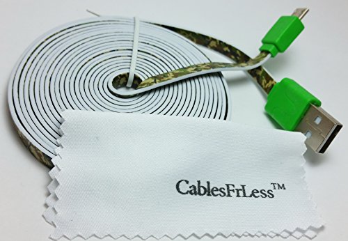 10ft (10 feet 10') Tangle Free Noodle Style Micro B USB Charging / Data Sync Cable fits Android Samsung Galaxy HTC LG Pantech Blackberry Motorola Sony ZTE (Camo)