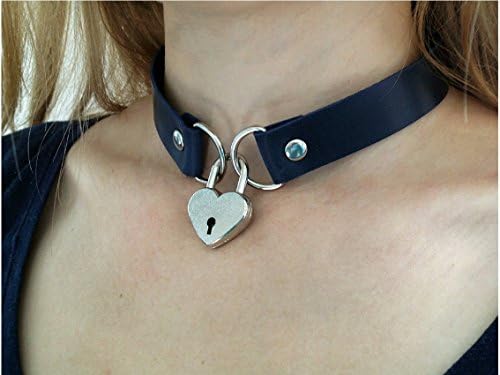 Blue Leather Choker with Silver Color Heart-shaped Padlock and Set of 2 keys
