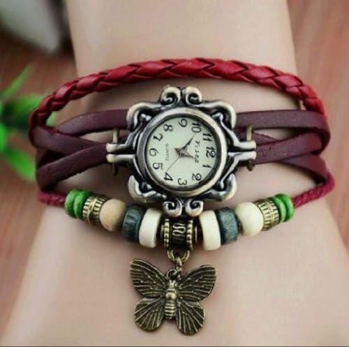 Elite Charm Butterfly Pendant Quartz Fashion Weave Wrap Leather Bracelet Womens Wrist Watches (Red)