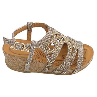 ... Gold Web Rhinestone Embellished Low Wedge Dress Sandals 4 Kids: Shoes