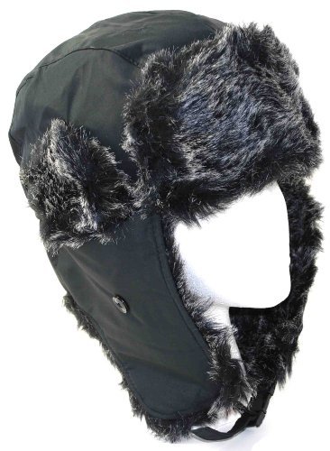 Black Weatherproof Warm Nylon Faux Fur Pilot Aviator Trooper Trapper Aviator Hat for Men and Women with Complete Inner Faux Fur Lining