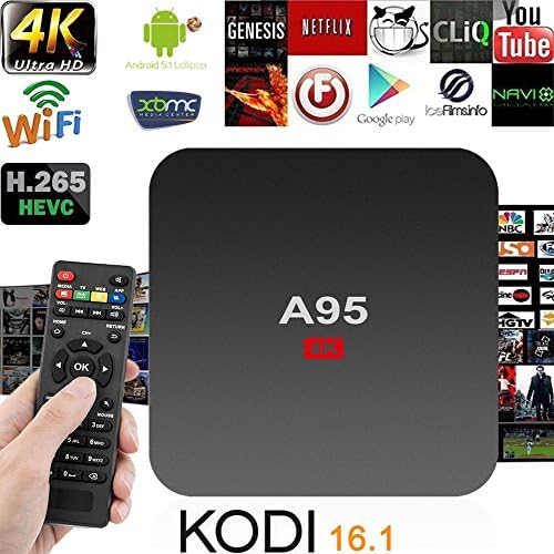 A95 Android 5.1 TV Box Amlogic S905 Quad Core 64 Bit - Kodi 16.1 Player Fully Loaded - Built in WiFi - 4K Ultra HD - 1GB/8GB Storage Streaming Media Player