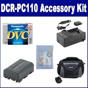 Sony DCR-PC110 Camcorder Accessory Kit includes: DVTAPE Tape/ Media, ZELCKSG Care & Cleaning, SDM-101 Charger, SDNPFM50 Battery, SDC-26 Case