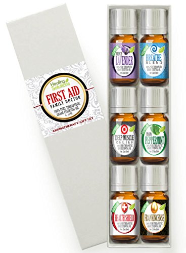 Healing Solutions 6 Essential Oil Aromatherapy Kit (Breathe, Frankincense, French Lavender, Muscle Relief, Peppermint Pharma Grade and Health Shield)