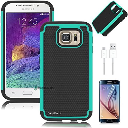 Samsung Galaxy S6 Case + Free Screen Protector + Free Charger Cable + Free Stylus + Microfiber Cleaning Cloth by CaseMore Shock Proof Plastic + Silicon Dual Layer Protective Armor Defender Case - Aqua Green