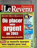 REVENU (LE) du 01-01-2003 OU PLACER VOTRE ARGENT EN 2003 - LA NOUVELLE EPARGNE SANS IMPOTS POUR TOUS - ATOUTS ET RISQUES DES FONDS GARANTIS - DEFISCALISATION - LES AVANTAGES DES SCI POUR VOUS - COPROPRIETAIRES - CONSEILS FACE AUX RECENTES REFORME Image du produit