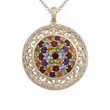 18k Yellow Gold Plated Sterling Silver Genuine Multi-Gemstone Filigree Cluster Pendant, 18″