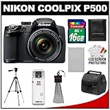 Nikon Coolpix P500 12.1 MP Digital Camera (Black) with 16GB Card + Battery  ....