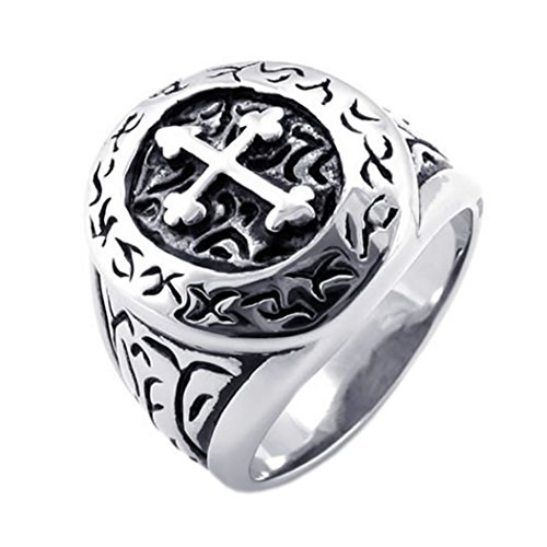 KONOV Classic Vintage Cross Mens Ring, Stainless Steel Band, Silver, Size 9