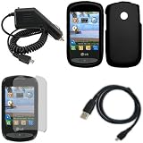 iFase Brand LG 800G Combo Rubber Black Protective Case Faceplate Cover + LCD Screen Protector + Rapid Car Charger + USB Data Charge Sync Cable for LG 800G