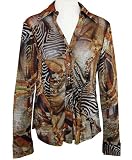 Boho Chic Long Sleeve, Shirred Waist, Spread Collar, Button Front, Multi-Colored Fashion Top - Abstract Zebra