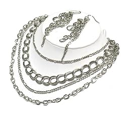 Silvertone Multi Layered Long Necklace and Earrings Set