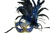Decor Venetian Styled Mask with Feather on Top Side - Blue