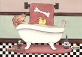 Golden retriever enjoying bath time in tub / Lynch folk art print