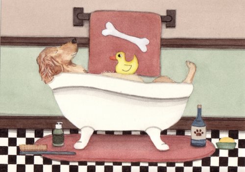 Golden retriever enjoying bath time in tub / Lynch folk art print