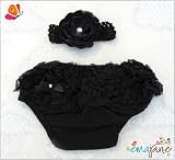 Ema Jane (Black with Hair Accesory)Ruffled Woven Baby Diaper Bloomer Covers (Choose From Many Colors or Styles) (3 months to 2T, Black with Hair Accessory)