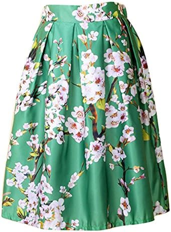 Women's Black/Green/White/Blue Sakura Skater Skirt With Pleat