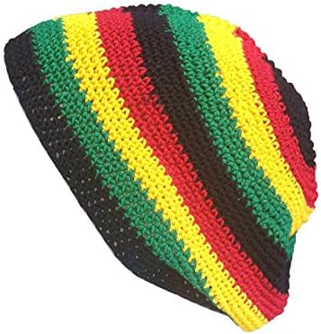Inspirit Arts Skull Cap Large Long Size Bold Reggae Stripes Style Multi Colour Hand Made 100% Cotton