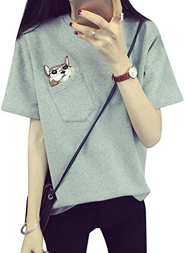 Domeiter Cute Cotton Teen Girls Pocket Cat Top Women Tees T Shirt Short Sleeve Medium Grey