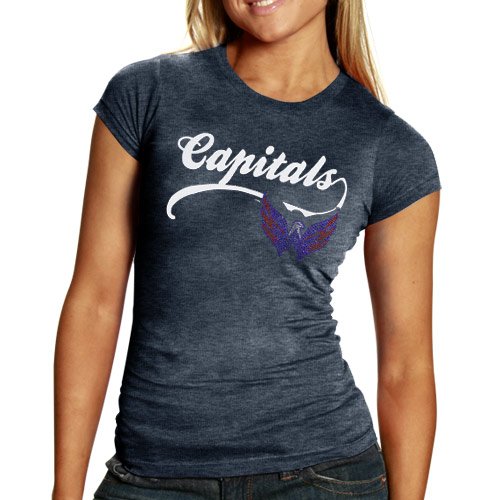 Washington Capitals Ladies Bling Tri-Blend Premium T-shirt - Navy Blue (Small)