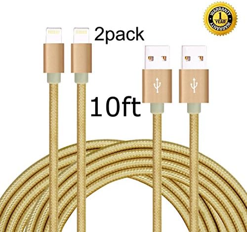 IFaxnn 2pcs 10FT Lightning Cable Popular Nylon Braided Charging Cable Extra Long USB Cord for iphone 6s, 6s plus, 6plus, 6,5s 5c 5,iPad Mini, Air,iPad5,iPod on iOS9.(gold).
