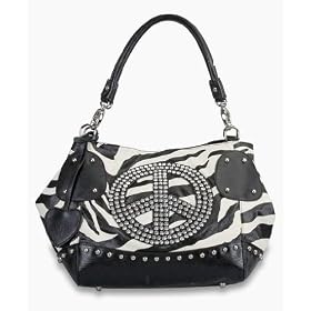 New Women Handbag Purses Rhinestone Peace Sign animal Zebra Print Tote Hobo Bag Black Trim