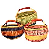 Basket Bolga Market Shopping Tote (Ghana) Straw w/ Leather Handle Assorted - Bamboula #BSKG16