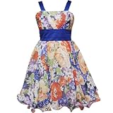 Rare Editions TWEEN GIRLS 7-16 ROYAL-BLUE YELLOW MULTI FLORAL V-PLEAT BODICE WIRE HEM CHIFFON Special Occasion Flower Girl Party Dress