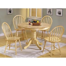 5pc Country Style Natural Finish Wood Round Dining Table and 4 Windsor Chair Set by visiondecor Furniture