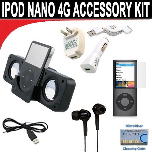 8 pc. Accessory kit for iPod Nano 4G. Includes Black portable stereo speaker w/cable 3-in-1 iPod charging kit (1000mAH) Black Mini soft Earbuds Reusable Pre-Cut Screen Protector and a DBROTH Microfiber Cleaning Cloth