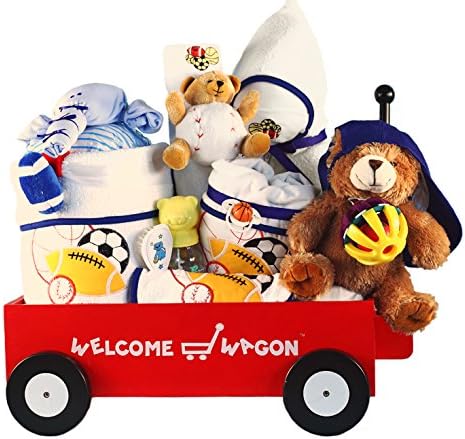 Sports Themed Wagon - Baseball Basketball Football and Soccer Ball Theme - New Baby Boy Shower Gift Idea for Newborns