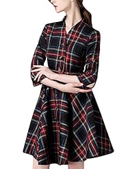 V-neck Cotton/Polyester Plaid Print Belted 3/4 Sleeves Midi Dress 