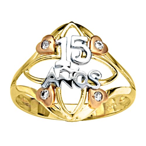 14K Tri-color Gold 15 Años Heart Fashion CZ Cubic Zirconia High Polish Finish Ring Band for Girls and Women (Size 4 to 9) - Size 5