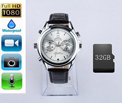 A0CHAN Multifunctional Fashion style 1080P HD Mini Hidden professional Waterproof Watch Camera Video Spy DVR Cam With 32G memory SD Card Silver White Leather