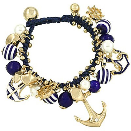 Chunky Nautical Navy Blue Goldtone Anchor Helm Sea Charm Bracelet, 8