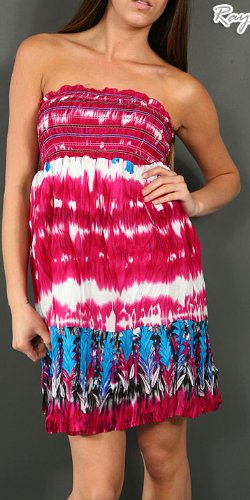 Women's Cotton Strapless Kneelength Tie-Dye Tube Dress (86, Fuchsia, M)