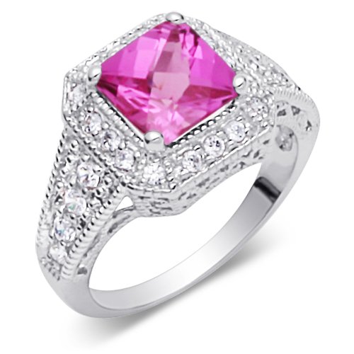 Gorgeous 3.25 carats total weight Princess Cut Checker Board Created Pink Sapphire & White CZ Size 8 Gemstone Ring in Sterling Silver