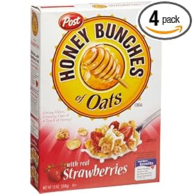 Post Honey Bunches of Oats with real Strawberries Cereal, 13-Ounce Boxes (Pack of 4) by Post