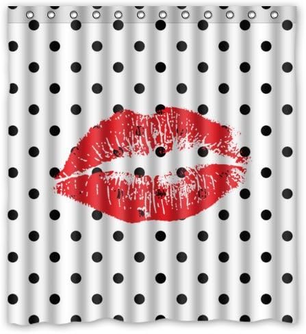 Generic Waterproof Shower Curtain with Sexy Red Lips Kiss Art with Black and White Polka Dots Pattern Design 66" x 72"