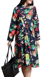 Floral Print Cotton/Linen Vintage Midi Dress 