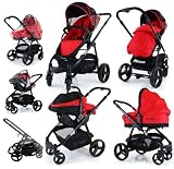 i-Safe System - Red Travel System Pram & Luxury Stroller 3 in 1 Complete With Footmuff, Head support, Carseat Footmuff, All the Raincovers iSafe