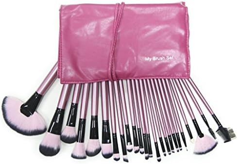 Beyondtek 24 Count High Quality Studio Pro Makeup Brush Set Kit- Mix Natural and Synthetic Bristles with Elegant Rose Red Leather Pouch Case(24pcs, Rose Red)