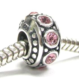 Birthstone October Sterling Silver Rondelle Pink Rose Cz Bead Charm For Pandora Troll Chamilia Biagi European Jewelry