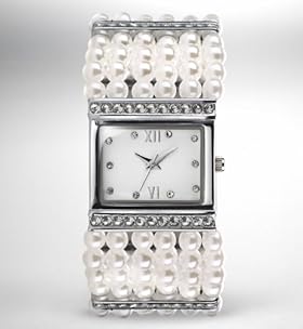 Wide Faux Pearl Diamanté Bracelet Watch