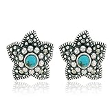 Sterling Silver Marcasite and Turquoise Flower Post Earrings