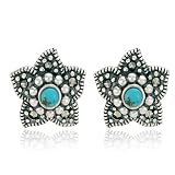 Sterling Silver Marcasite and Turquoise Flower Post Earrings