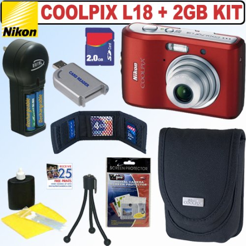 Nikon Coolpix L18 8MP Digital Camera (Ruby Red) + 2GB Deluxe Accessory Kit